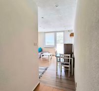 A hallway with a view into the living room with wood-patterned flooring and a dining table.