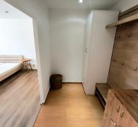 In the 1-room apartment, there is an entrance hallway with a coat rack and a room with a bed.