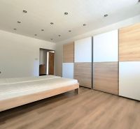 A bedroom in a studio apartment with a wood-patterned floor and a large wardrobe.