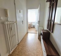 A hallway in a 3-room apartment with a wooden decor floor and an entrance to the kitchen.