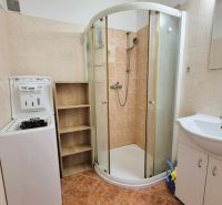 Bathroom in a 3-room apartment with a washing machine, shower corner, and cabinet under the sink.