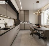 A kitchen in a studio apartment with modern lighting and a dining table for six people.