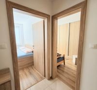 A hallway in a 3-room apartment with a floor made of ceramic tiles and a wooden decor.
