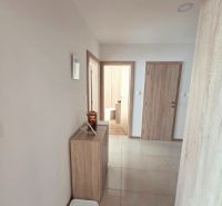 Hallway in a 3-room apartment with tiles and wooden doors.