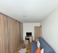 Living room in a three-room apartment with a wooden decor floor and a comfortable sofa.