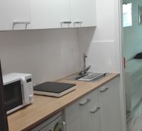 A kitchenette in a studio apartment with cabinets, a microwave, and a wooden decor floor.