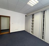 Offices with carpet and built-in wardrobes, doors, white walls, artificial lighting.