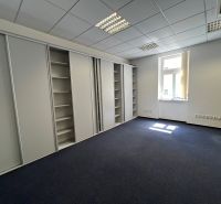Offices with dark carpet, built-in wardrobes, and a window.