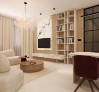 Living room in a two-room apartment with a comfortable sofa and a bookshelf.