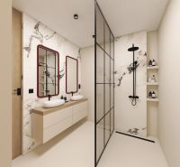 A bathroom in a 2-room apartment with a shower and two sinks.