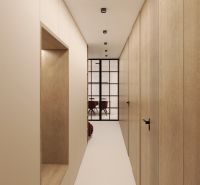 A narrow hallway with wooden decor and a glass partition in a two-room apartment.
