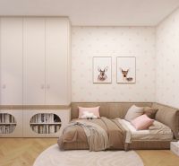 Children's room in a two-room apartment with a bed and a wardrobe, decorated with pictures of animals.