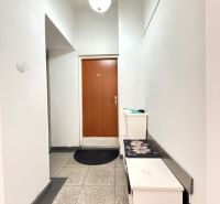 A corridor with white walls and brown doors in a 2-room apartment.