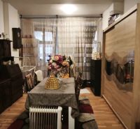 Living room in a two-room apartment with wooden decor flooring and rustic furniture.