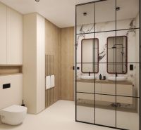 A bathroom in a 2-room apartment with double sinks, wood-patterned flooring, and a mirror.