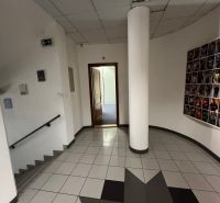 A hallway in offices with stairs and wall decoration.