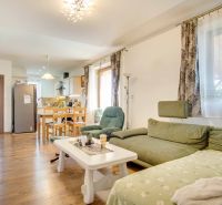 Living room of a family house with a kitchen, green sofa, wooden decor flooring.