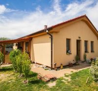 A family house in Andovce with a nicely landscaped garden and a brick walkway.