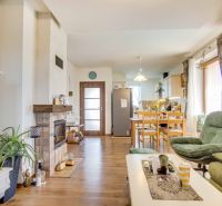 Living room with a fireplace and kitchen, family house, floor with wooden decor.