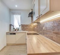 A kitchen in a family house with a countertop and brick wall cladding.