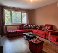 Living room in a 3-room apartment with a red sofa and a wooden decor floor.