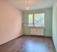 A room in a 3-room apartment with colored walls and a floor with a wooden decor.