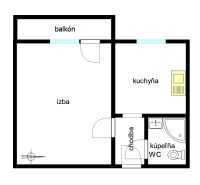 Layout of a one-room apartment with the composition of rooms: room, kitchen, balcony, bathroom, toilet.