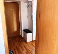 Hallway in a one-room apartment with a wooden decor floor and a coat rack.