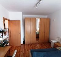 A bedroom in a one-room apartment with a wood-patterned floor, a wardrobe, and a desk.