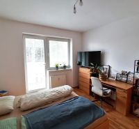 Bedroom area in a studio apartment with wood-patterned flooring and a desk.