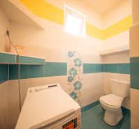 A bathroom in a family house with a toilet and a washing machine, with floral tiles.