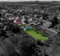 Aerial view of a family house in Golianovo with a large garden plot.
