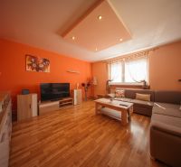 Living room in a family house with orange walls, a sofa, and a wooden-patterned floor.