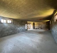 The interior of an unfinished cabin with concrete walls and floor.
