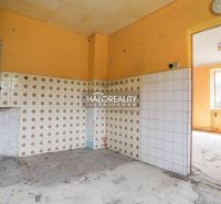 A kitchen with orange walls and patterned tiles in a family house.