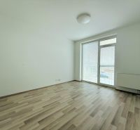 A room in a 2-room apartment with a wooden decor floor and access to a balcony.