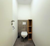 A toilet with gray tiles and a wooden shelf in a two-room apartment.