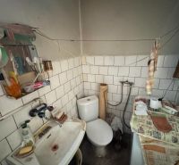 A bathroom in a family house with a sink, toilet, and an old washing machine.