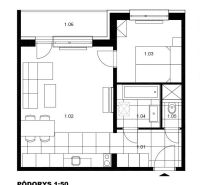 Floor plan of a 2-room apartment with living, sleeping, and bathroom zones.