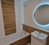 Bathroom with a mirror and a bathtub, walls with wood decor, in a 2-room apartment.
