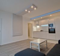 Living room with kitchen in a 2-room apartment, white furniture set, wooden decor flooring.