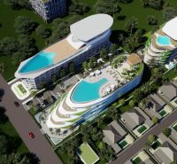 Visualization of apartment construction in Phuket: multi-story buildings with pools surrounded by greenery and a road.