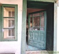 Green wooden door and window on an old family house in Gbelce.