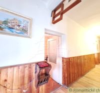 A hallway of a family house with wooden paneling and a picture on the wall.