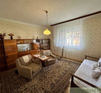 Living room with retro furniture and wood-patterned flooring in a family house.
