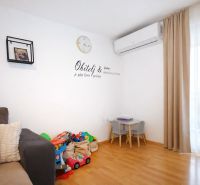 Interior of a holiday apartment with toys, a sofa, and a wooden decor floor.