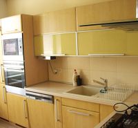 A kitchen in a 2-room apartment with built-in appliances and a wooden decor floor.