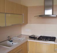 A kitchen in a 2-room apartment with a gas stove and an extractor hood, light cabinets.