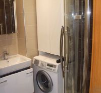A bathroom with a washing machine in the corner next to the sink and shower in a 2-room apartment.
