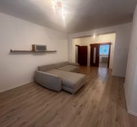 Living room with a sofa and wooden decor flooring in a 3-room apartment.